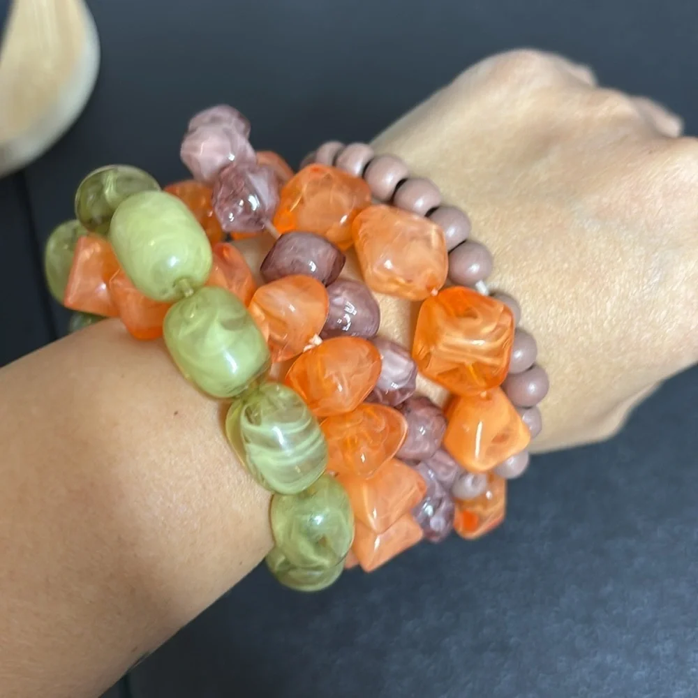 Colorful Beaded Stretch Bracelet with Orange and Green Accents